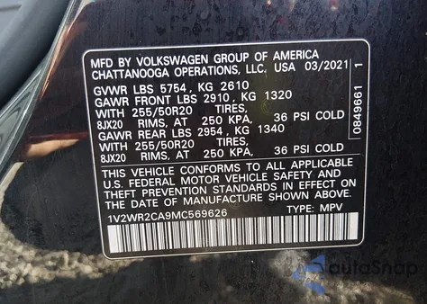 2021 Volkswagen Atlas 3.6L V6 Se W/Technology z USA, uszkodzony, nr VIN 1V2WR2CA9MC569626